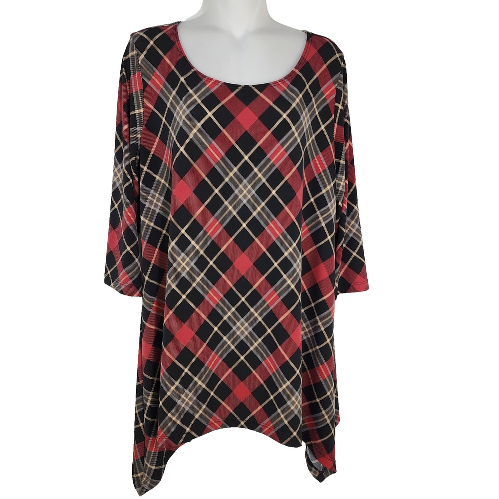 Lbisse Womens Tunic Top XL Sharkbite Sidetail 3/4 Sleeve Scoop Neck Red Black